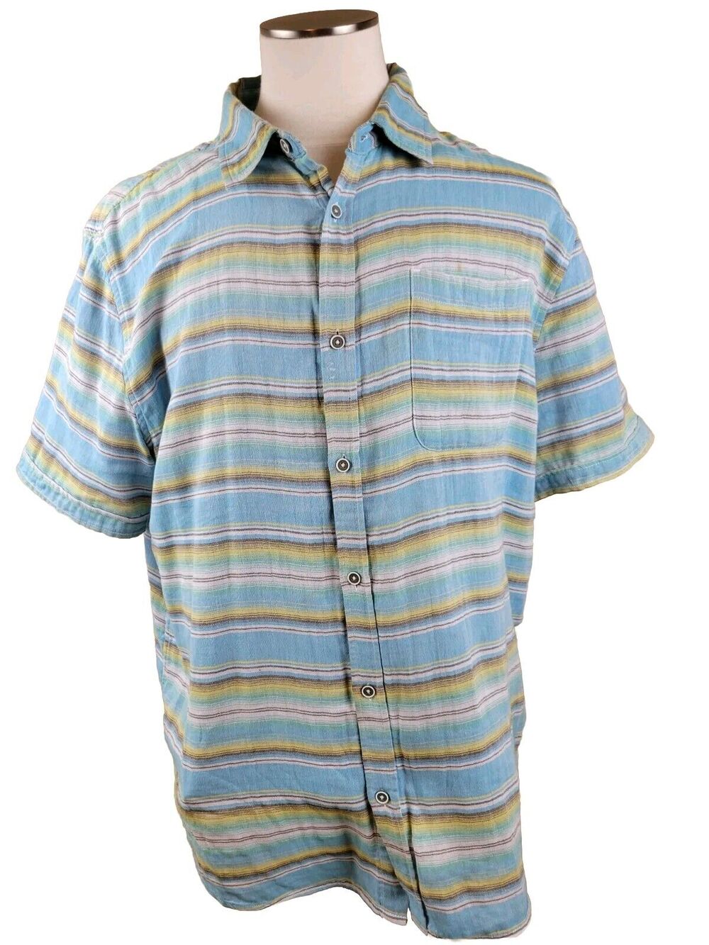 Carbon 2 Cobalt Shirt XL Teal Brown Yellow Stripe Short Sleeve Button Up Coastal